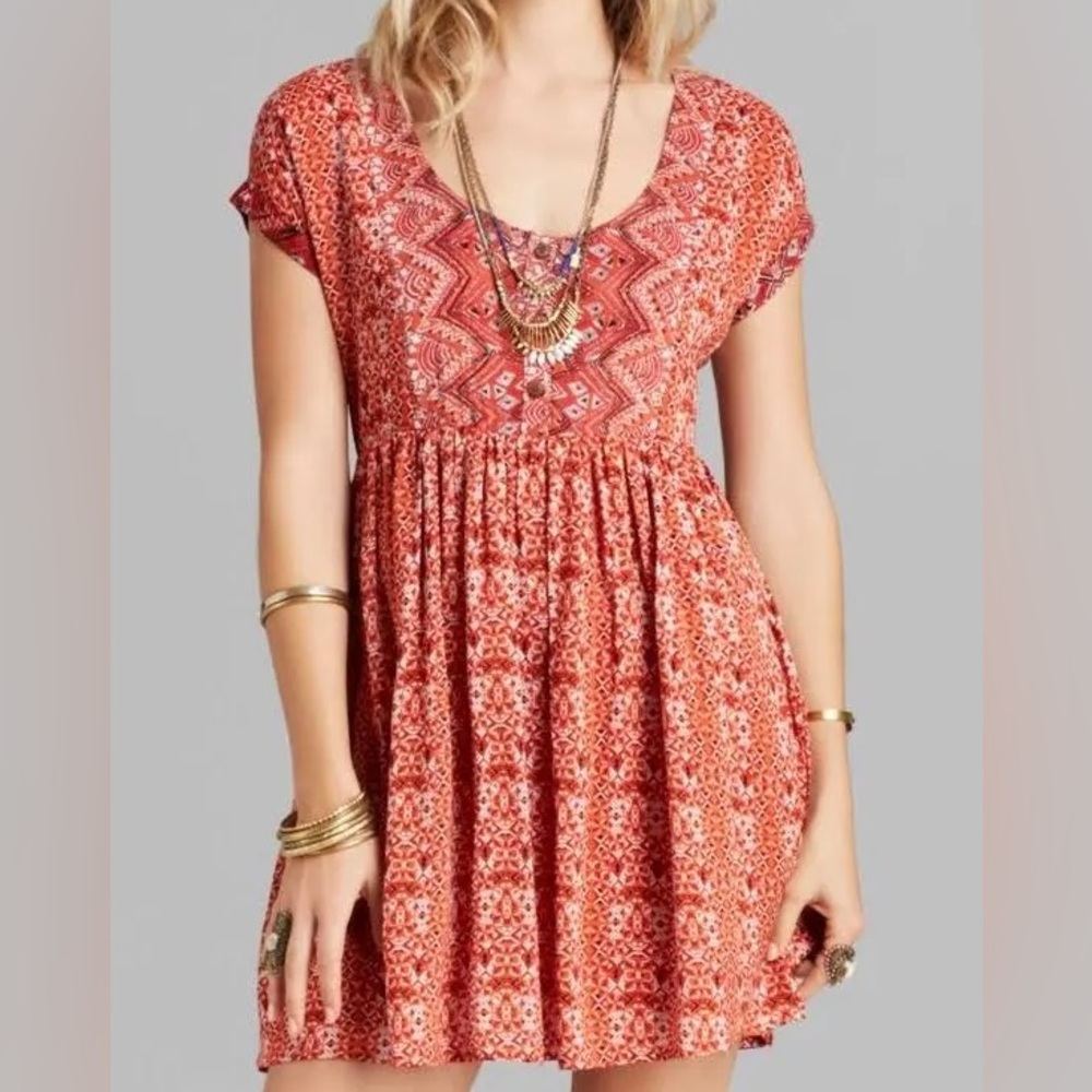 Free People Short Sleeve Mini Dress Rust Boho Indie Festival Western Cowgirl XS